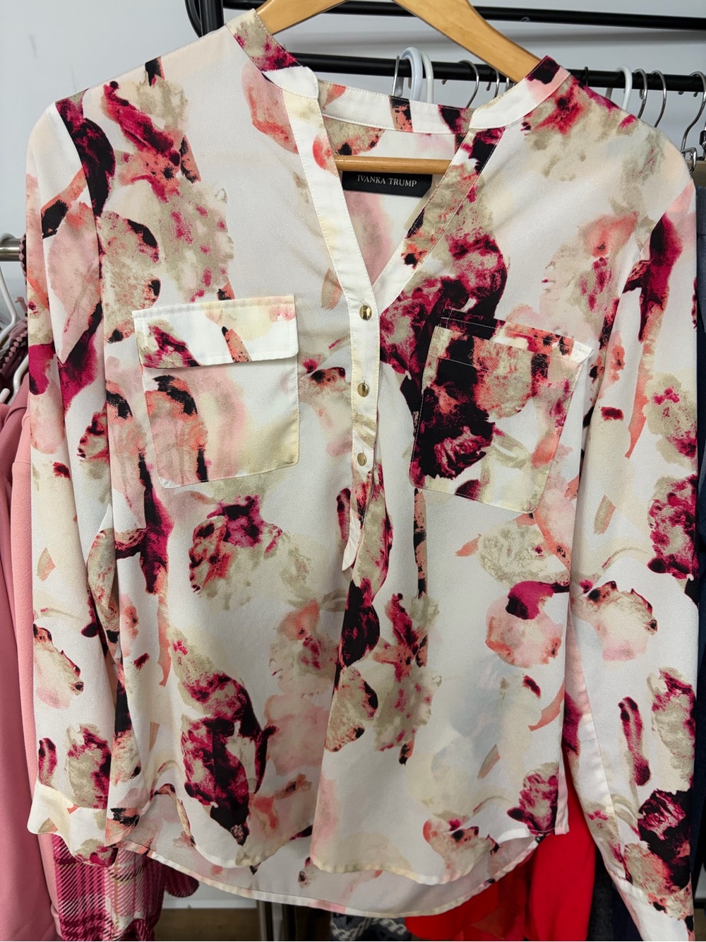 Ivanka Trump Women's White Floral Print Blouse - Pink & Burgundy Accents